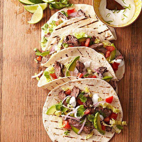 Skirt Steak Tacos with Guacamole and Lime Crema