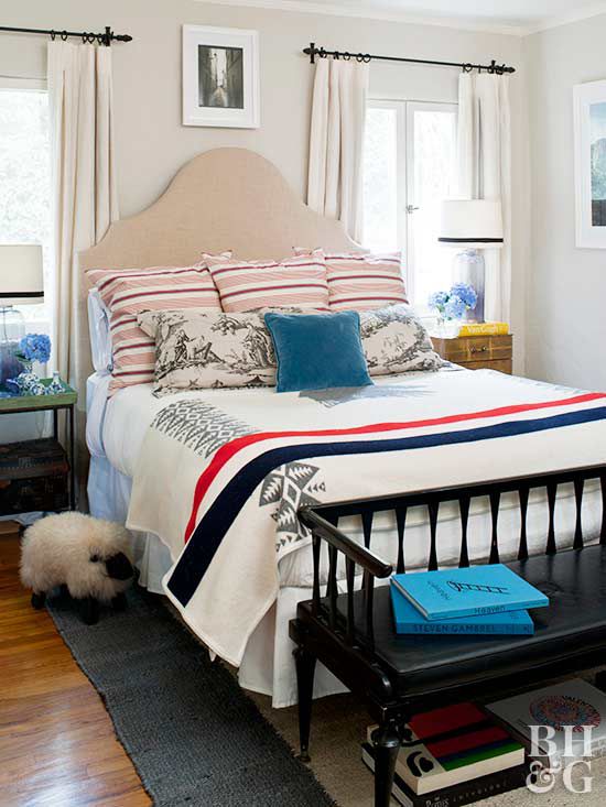 art and headboards, Red, white and blue decor, bedroom