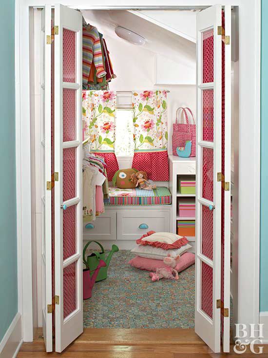 pink kids bedroom with storage