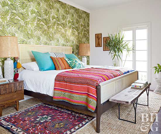 banana leaf wallpaper, area rug, bedroom, tropical decor