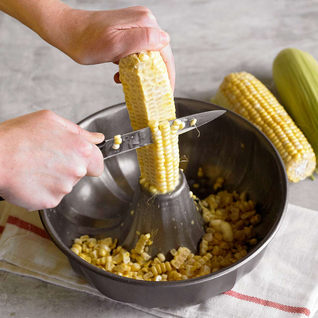 use bundt pan to cut corn off cob