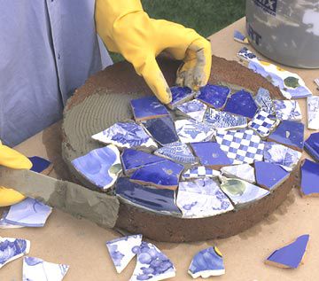 Mosaic Stepping Stone: Assembling mosaic tile pieces