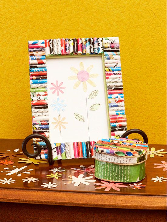recycled magazines cut into tubes and put on frames and a tin and decoupaged