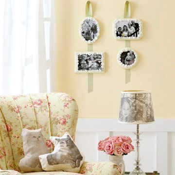 Family room with photos on wall and photos on craft projects