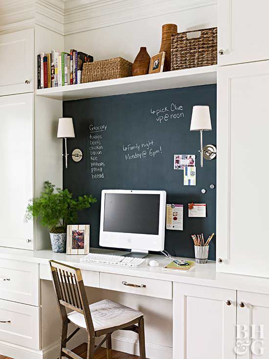 kitchen computer desk with chalkboard wall