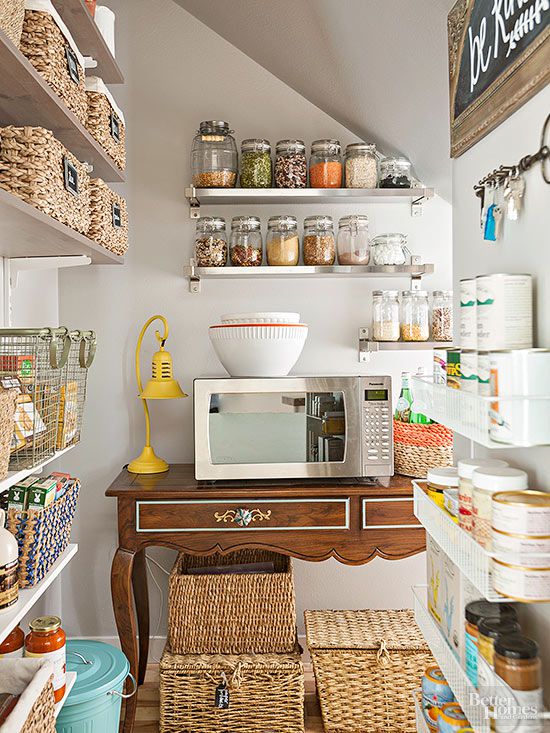 kitchen pantry with microwave and open shelving