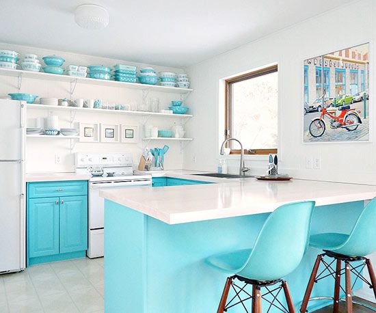 teal and white kitchen
