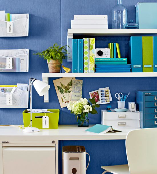 Blue and green desk accessories