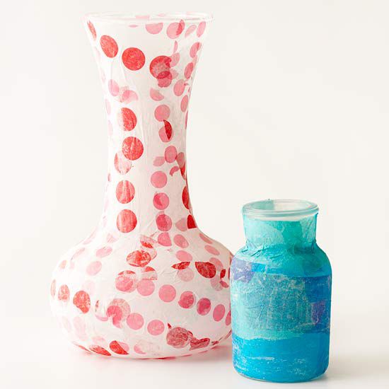 Vases decoupaged in decorative papers
