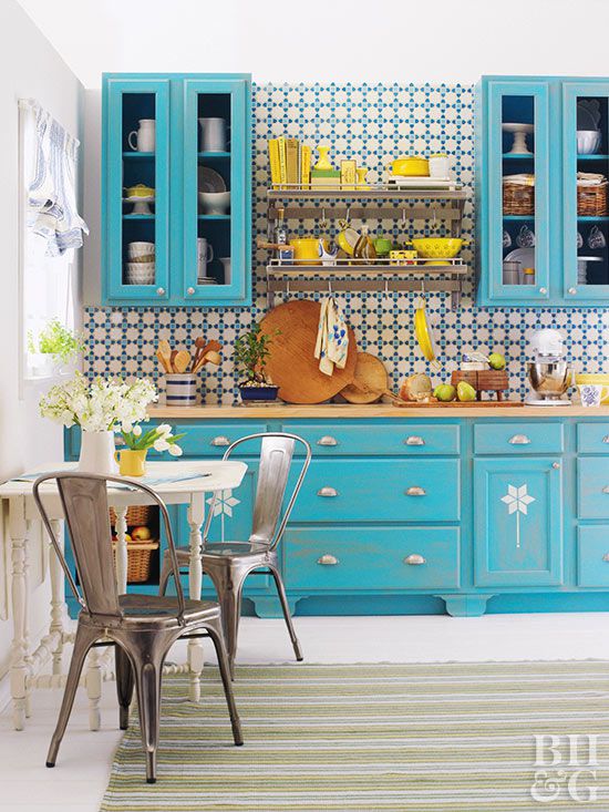 blue kitchen cabinets tile wall