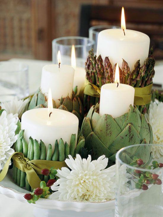 Candle Centerpiece with Green Vegetables