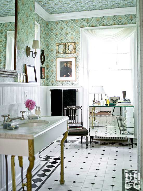 blue and green traditional print wallpaper in bathroom