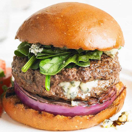Blue Cheese Stuffed Burger with Red Onion & Spinach