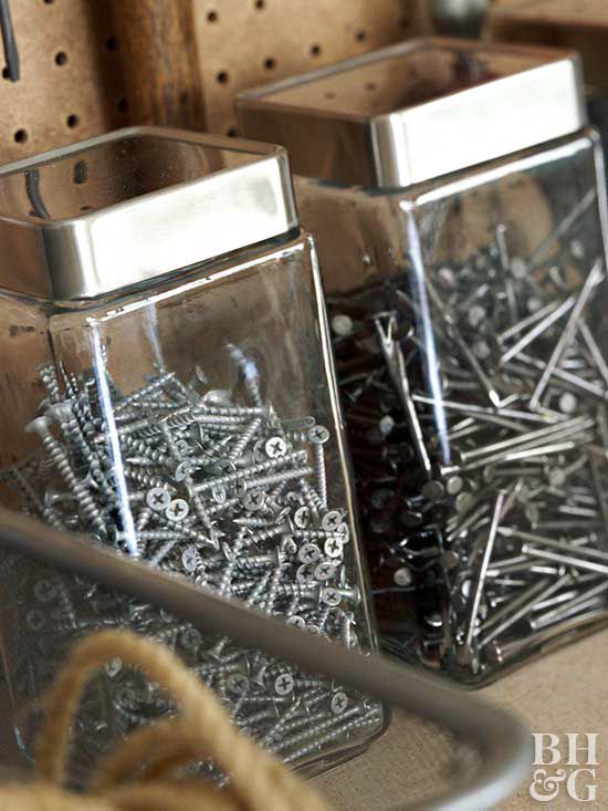 jars with screws and nails