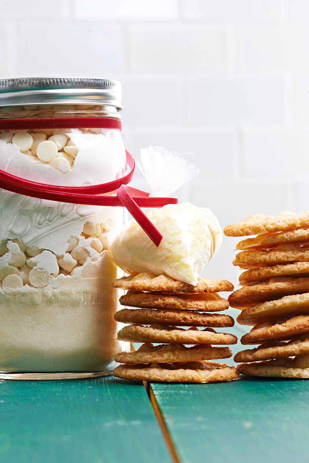 Lemon Crispies Mix with stack of cookies
