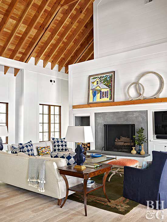 modern living room with exposed beams