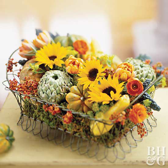 fall floral arrangement in wire basket