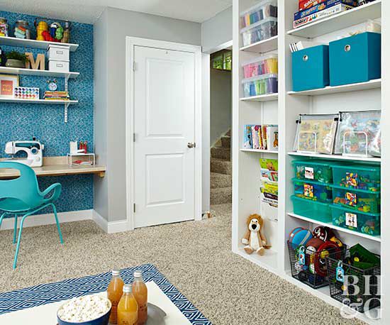 basement crafts room with storage
