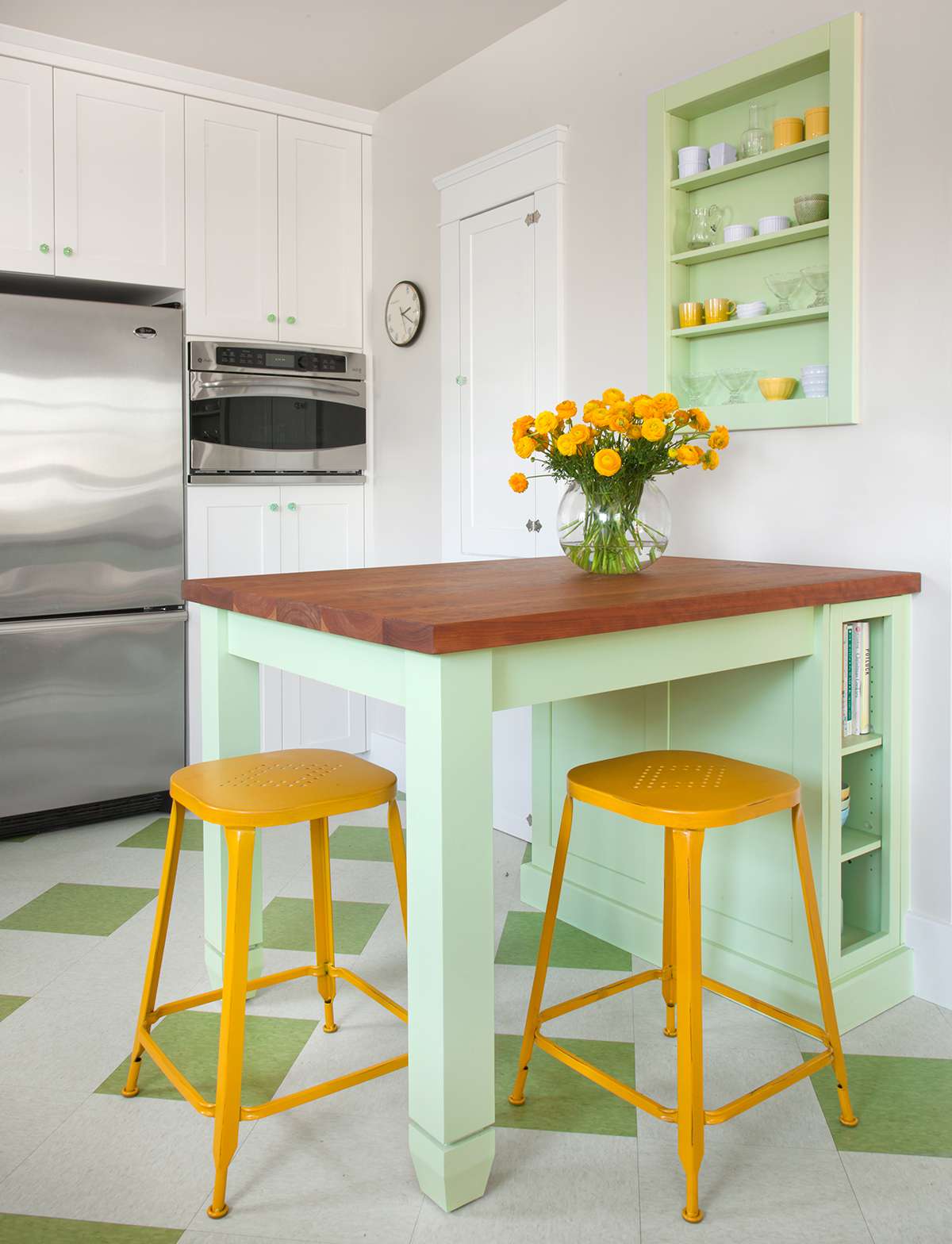 mint green retro style kitchen and vinyl floor tiles