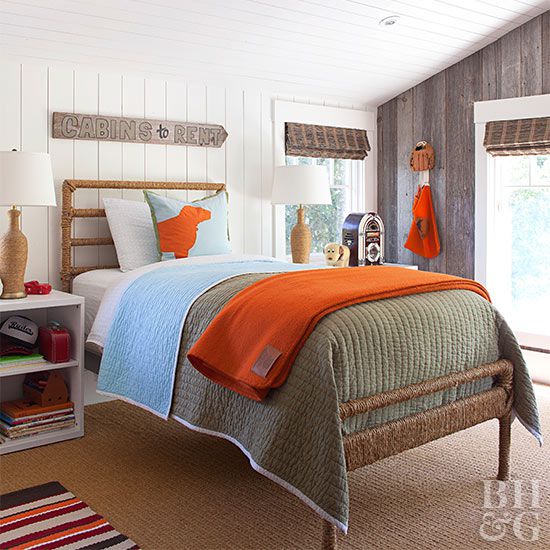 boy bedroom neutral colors with orange and blue accents