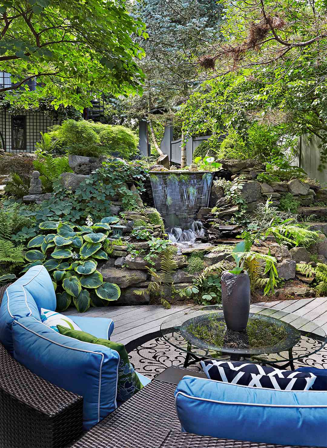 asian-style serenity garden blue seating green landscape