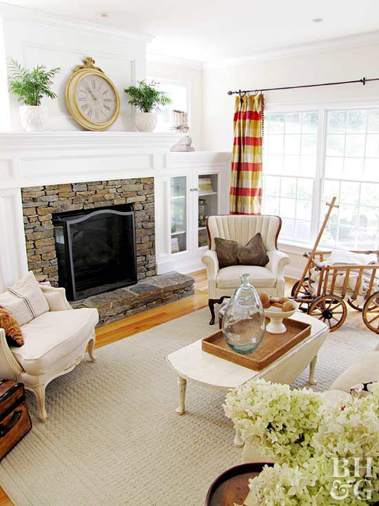 fireplace, living room, brick