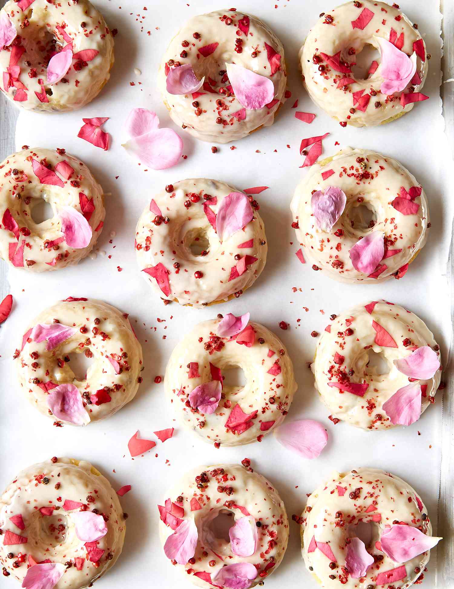 rows of pink peppercorn and rose tea cakes