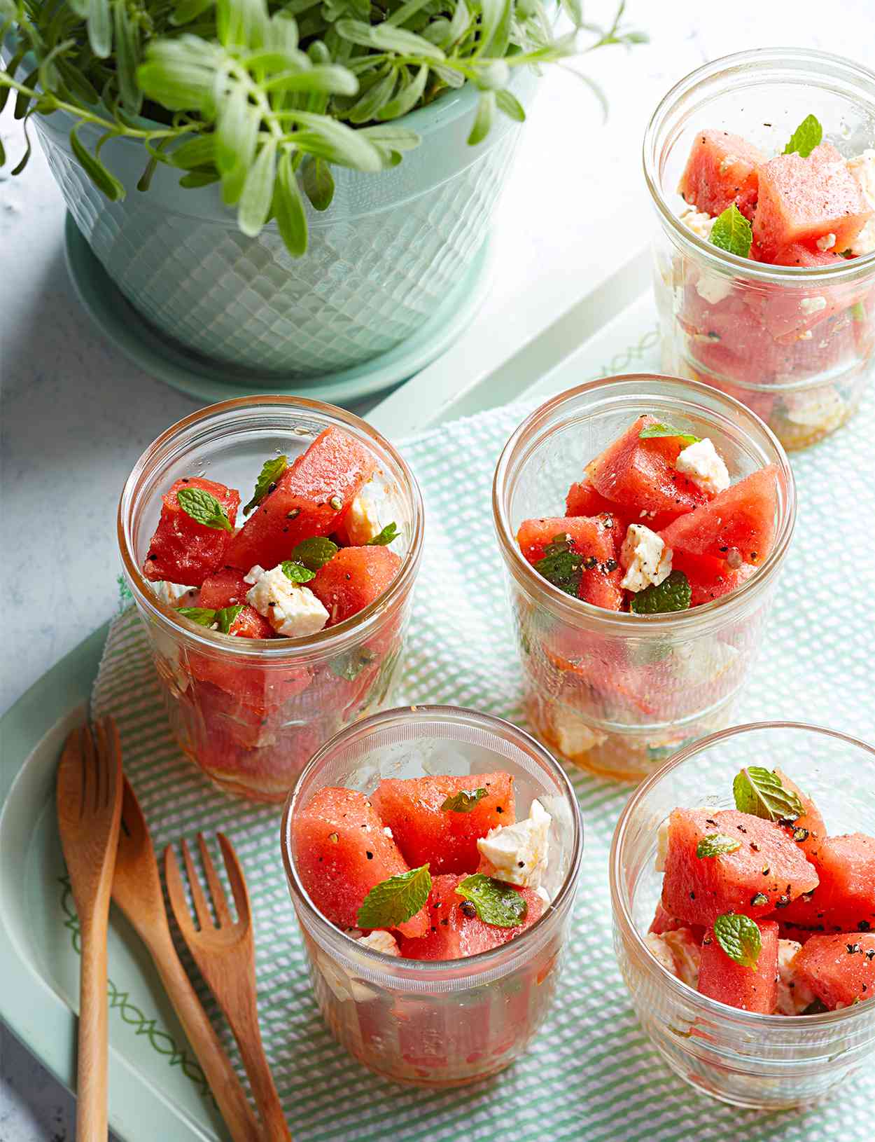 Watermelon-Mint Salad in small glass jars
