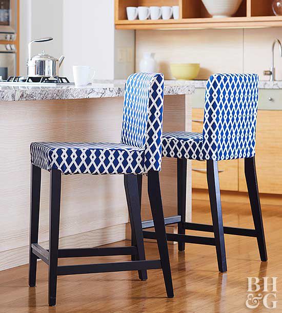 blue and white fabric cover bar stools