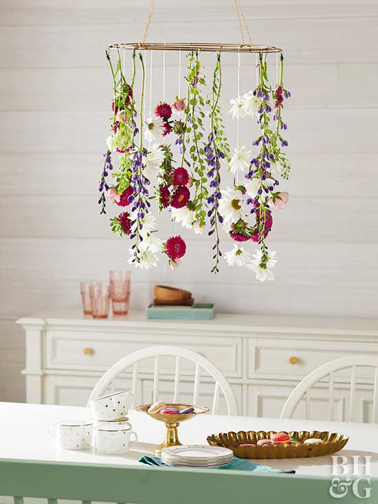 hanging floral craft above table