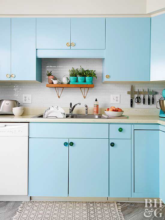 blue kitchen, small kitchen, blue cabinets