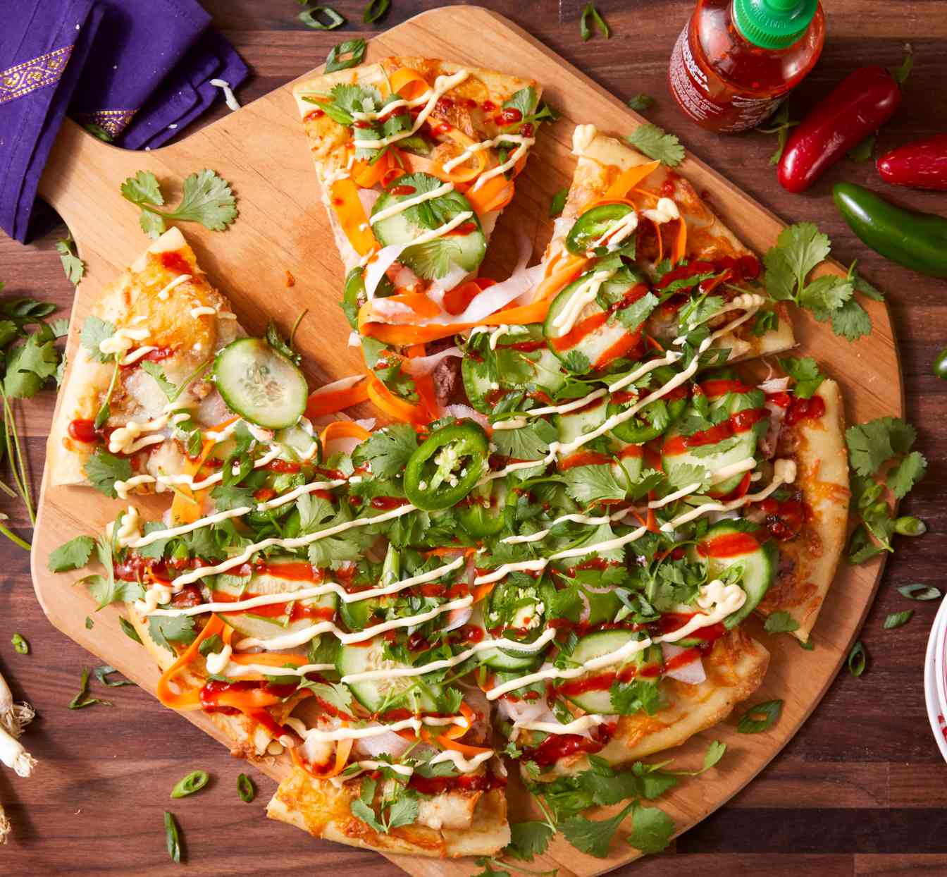 Banh Mi Pizza on wooden cutting board