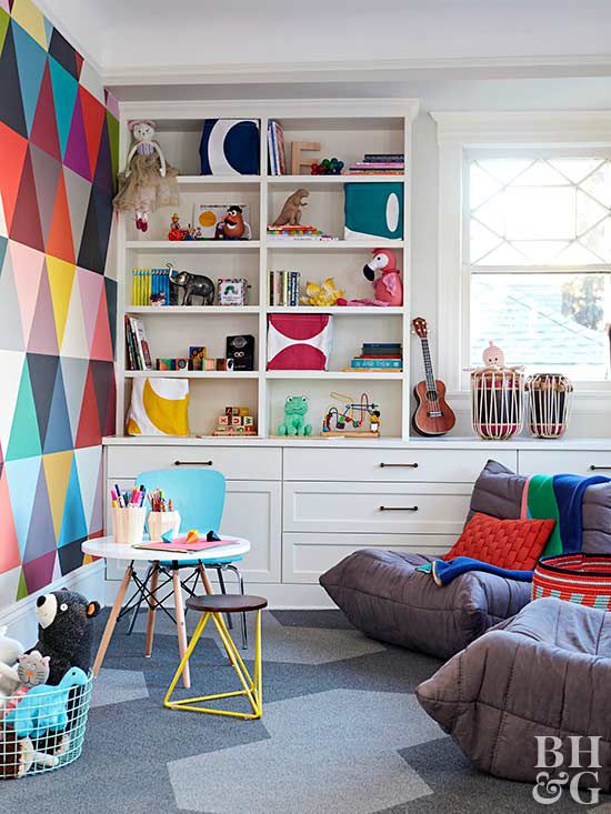 modern colorful playroom with storage