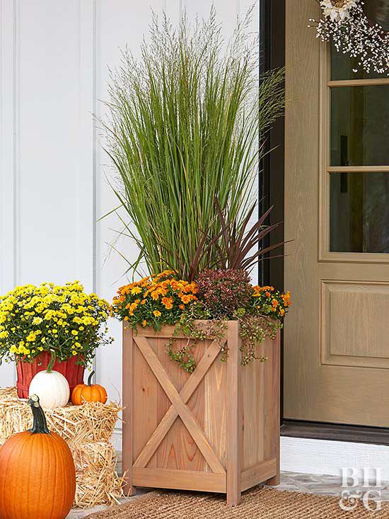 wooden planter by front door with grasses and mums