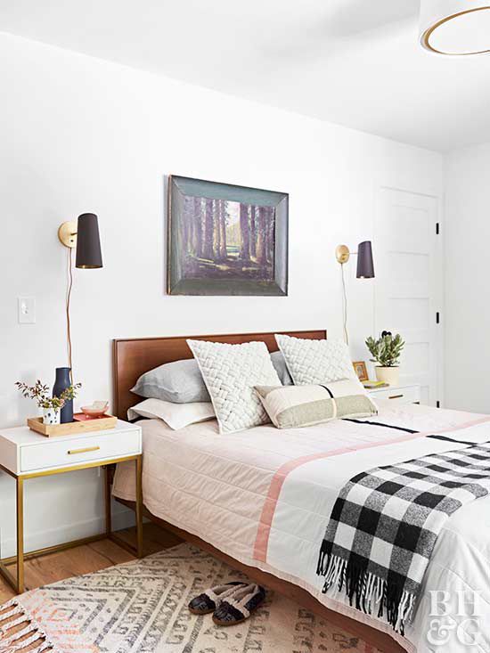bedroom, pink sheets, area rug