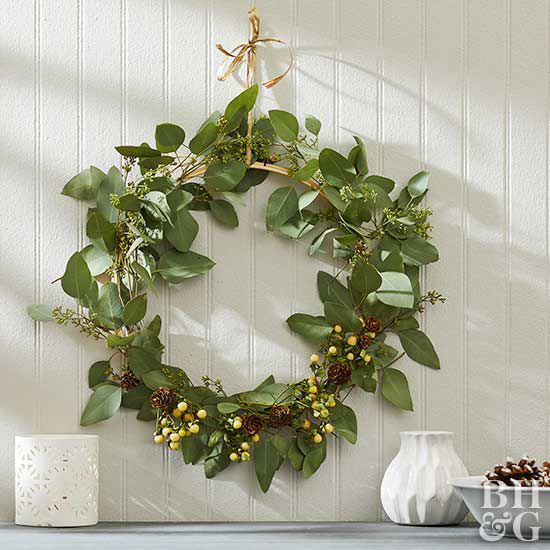 diy eucalyptus wreath hanging on wall