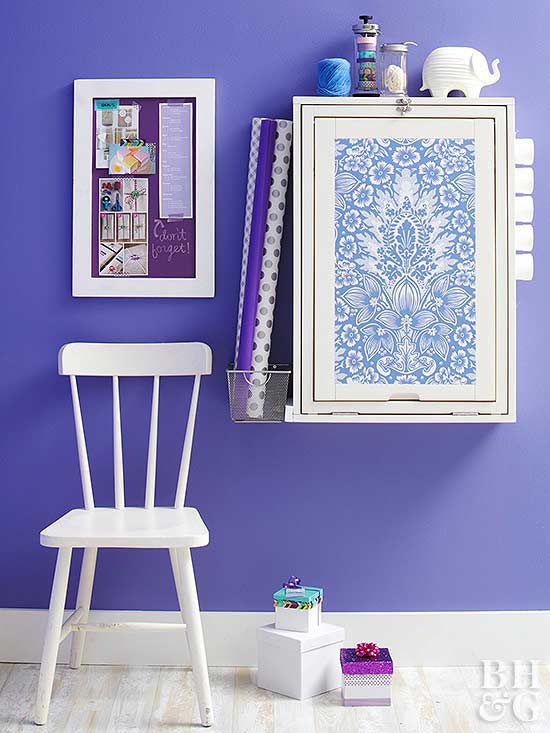 bright purple walls in crafting corner