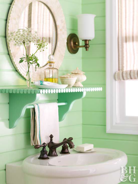 mint green bathroom vanity and shelf