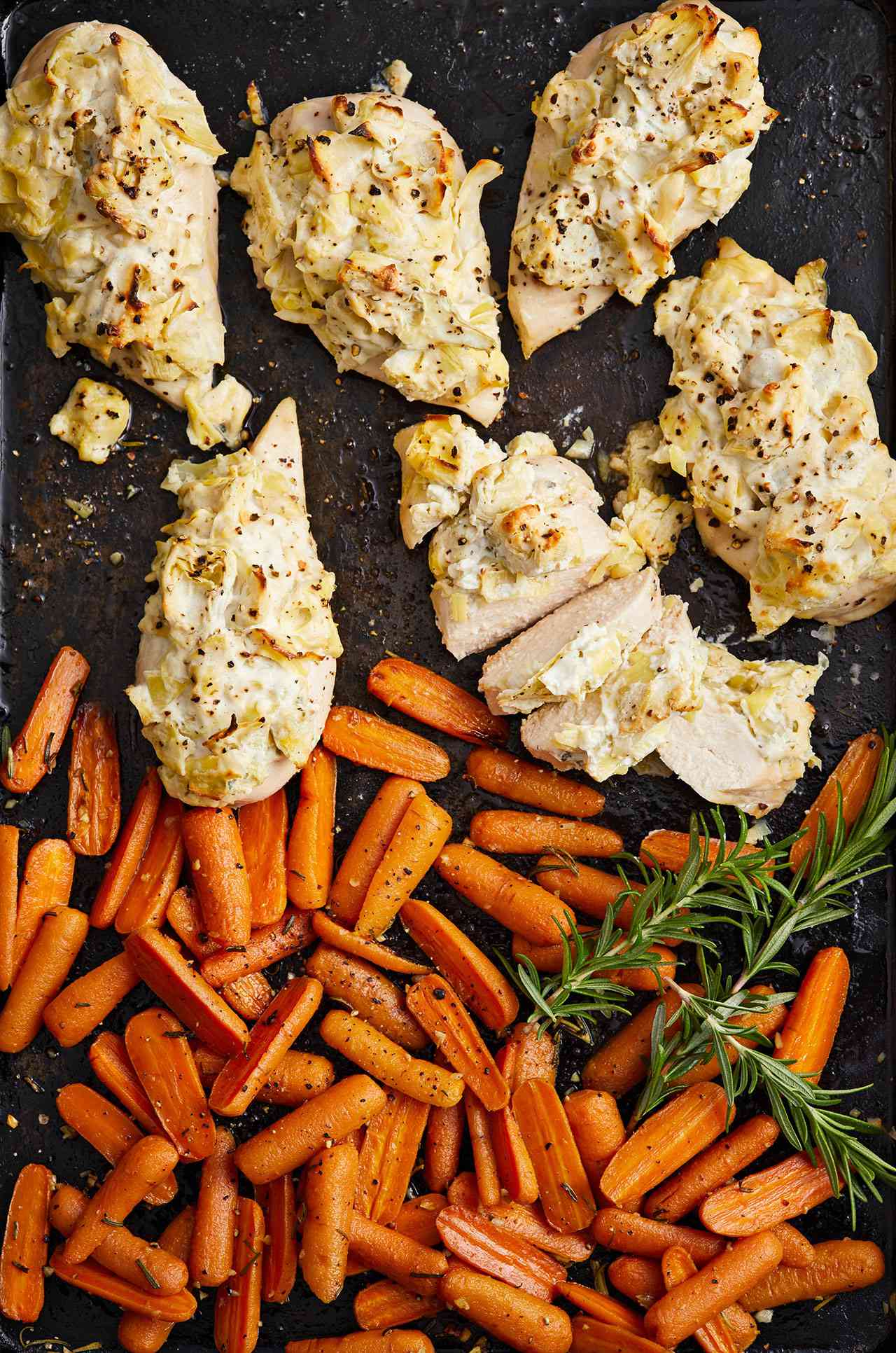 Artichoke and Cheese Chicken Breasts with Rosemary Baby Carrots