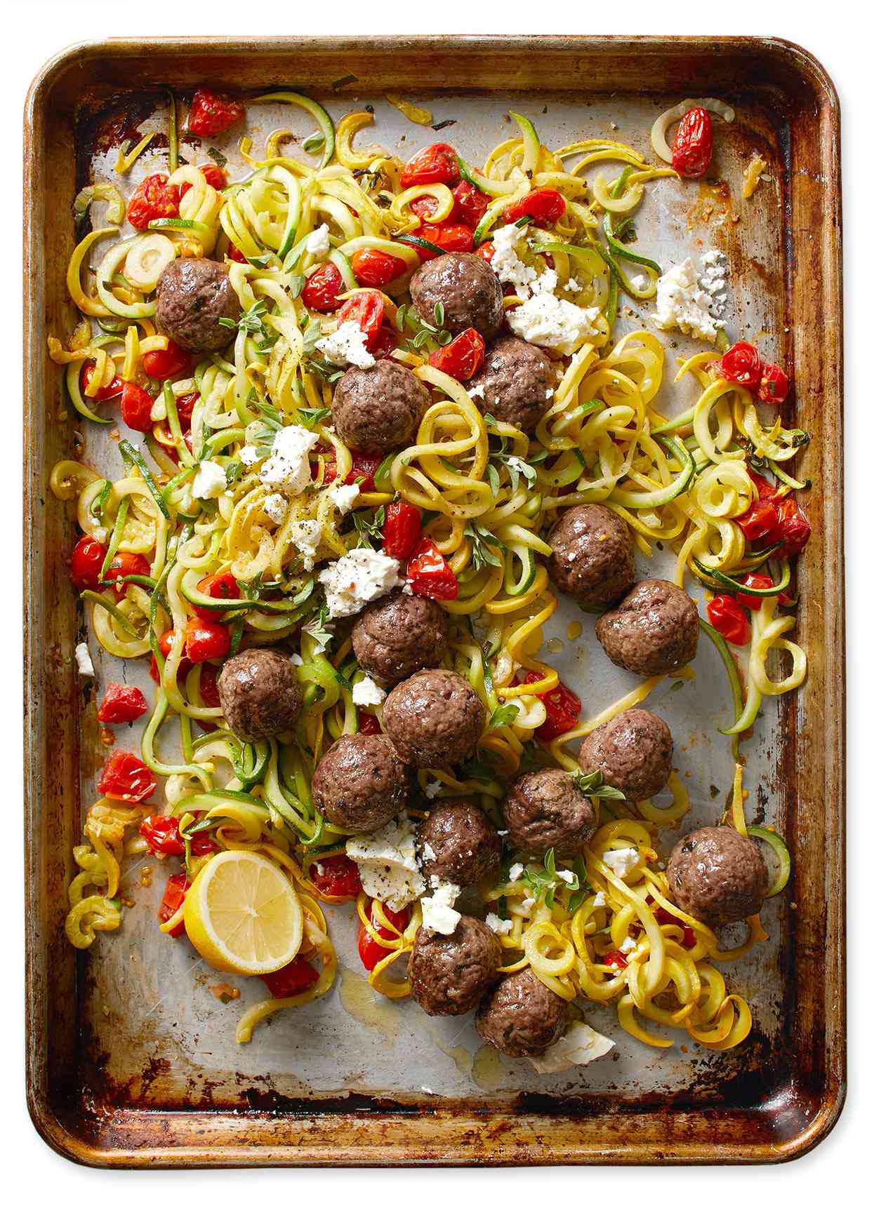 Greek Meatballs with Summer Squash “Noodles” and Tomatoes