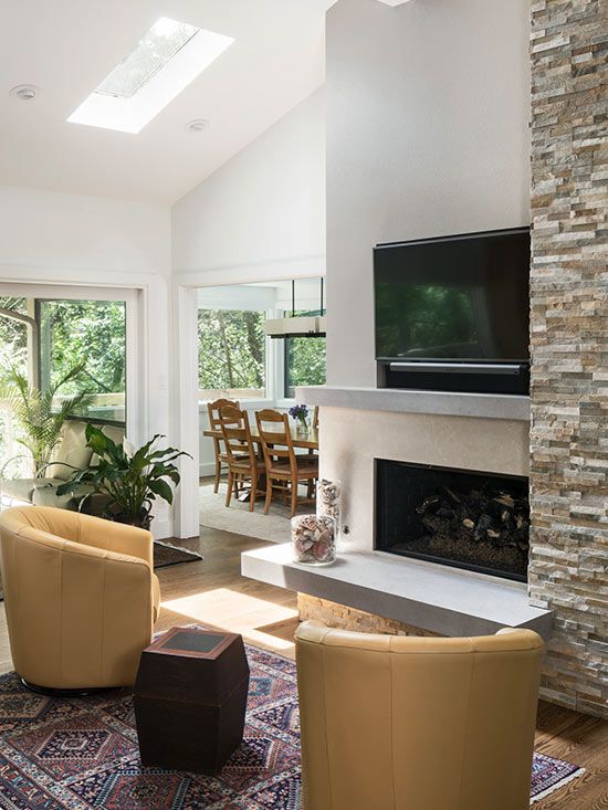 Living room with fireplace and skylight