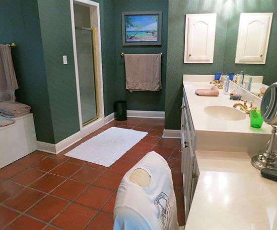 green bathroom double sinks