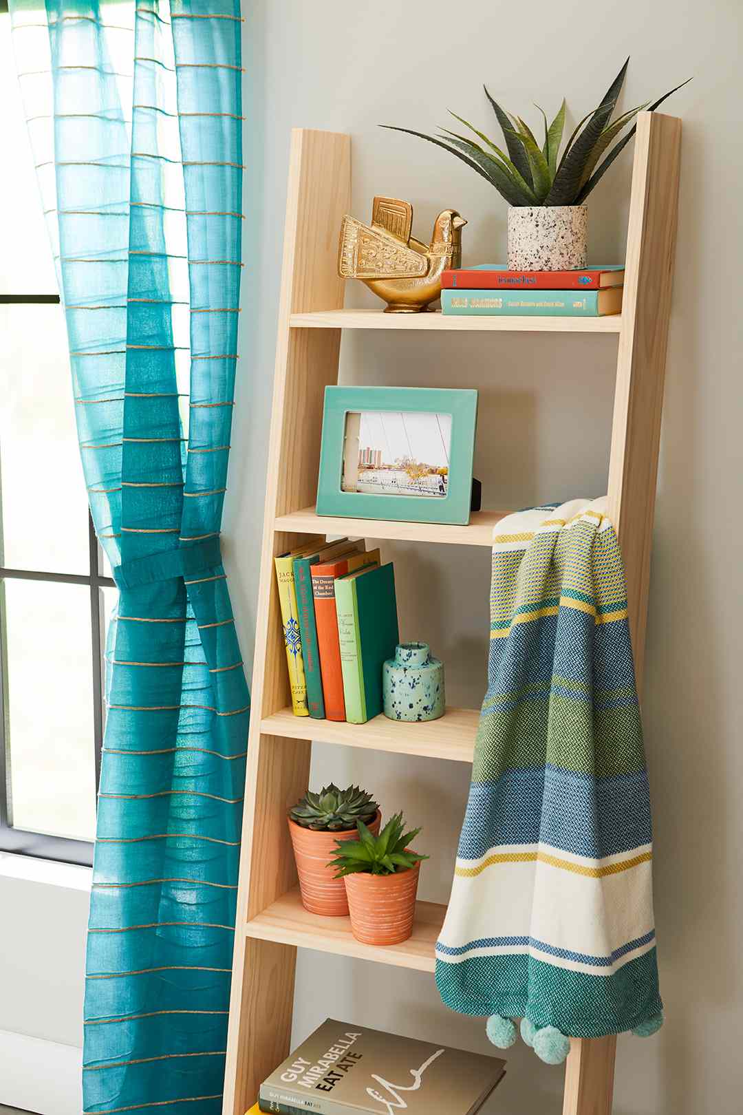 ladder shelf with plants and blue decor