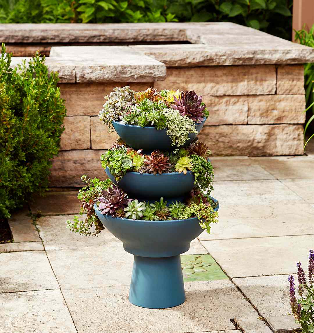 succulent tower how-to blue painted terra cotta pots colorful
