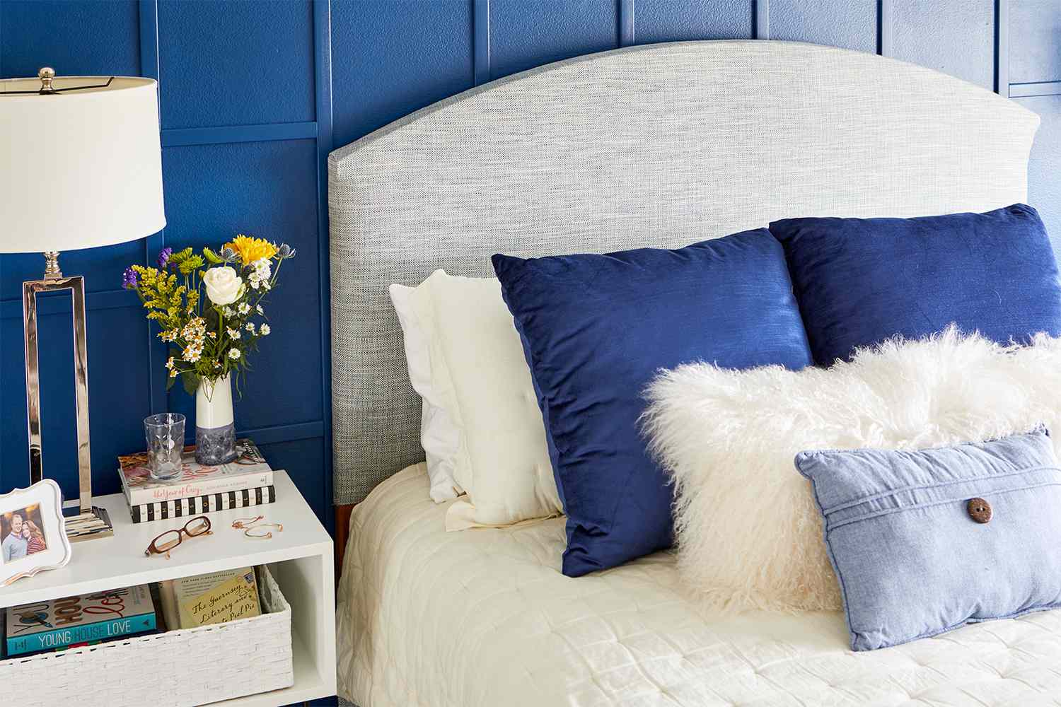 blue bedroom wall fabric headboard