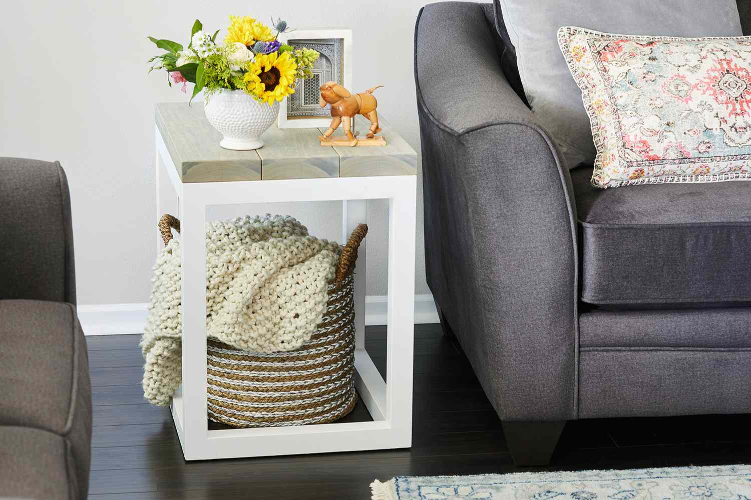 farmhouse side table in living room