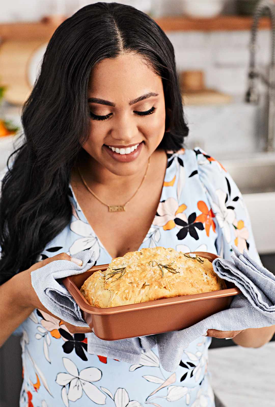 ayesha curry kitchen prep dish from the oven close up