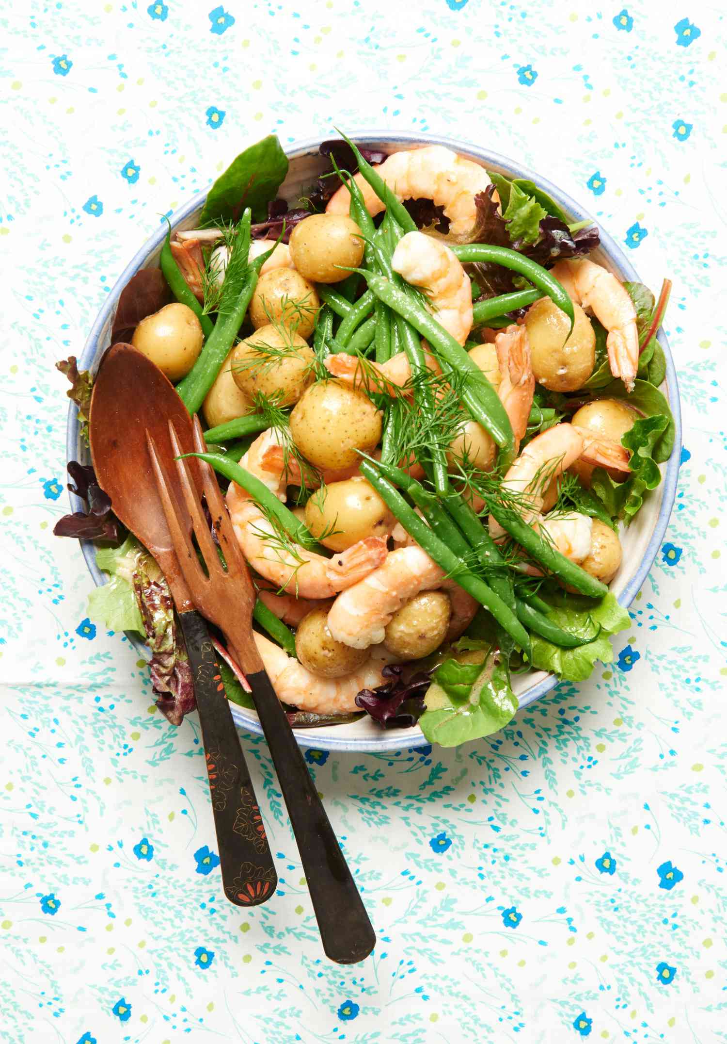 warm shrimp baby dutch potato salad in bowl