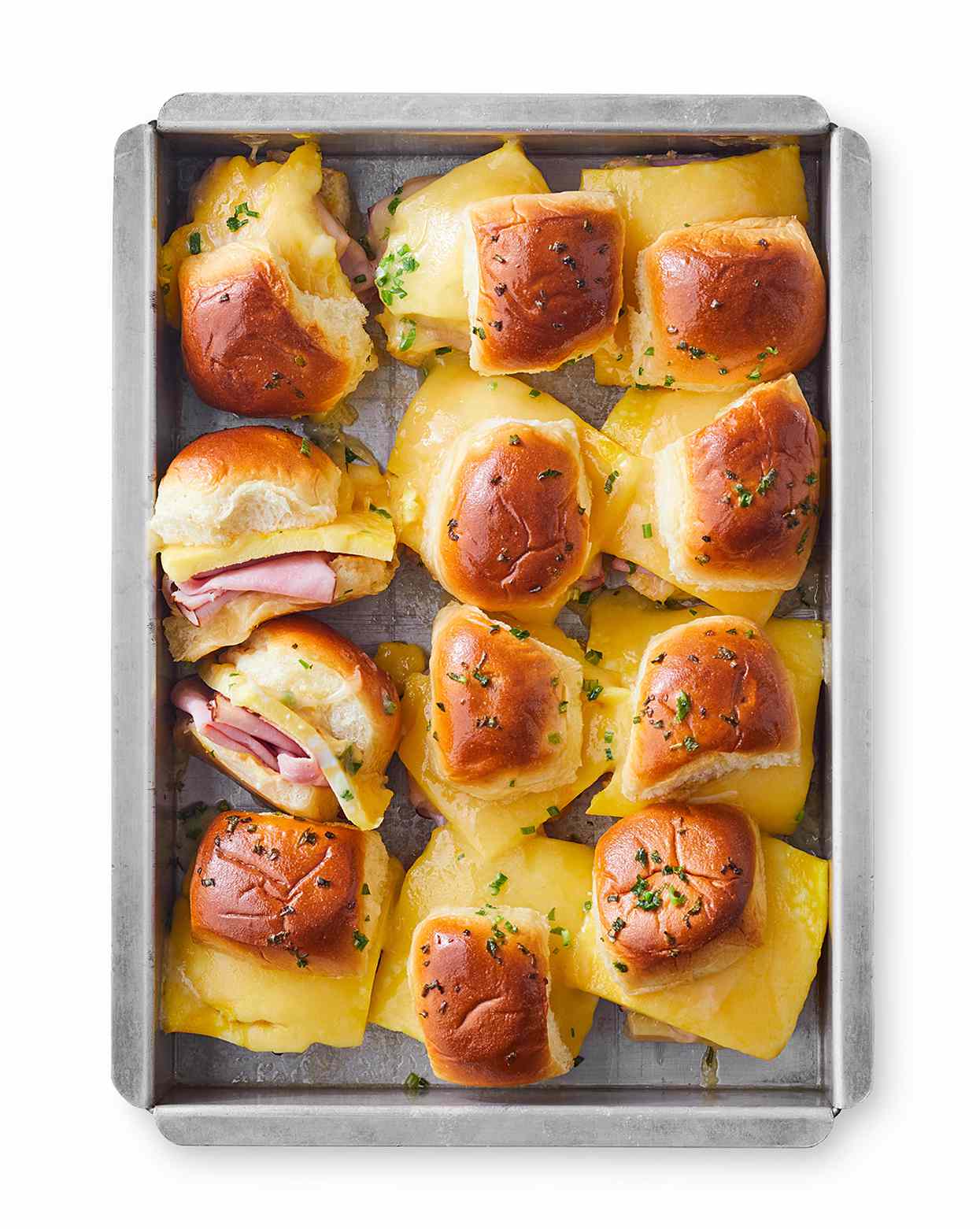 Cheesy Egg Breakfast Sliders with ham in metal pan
