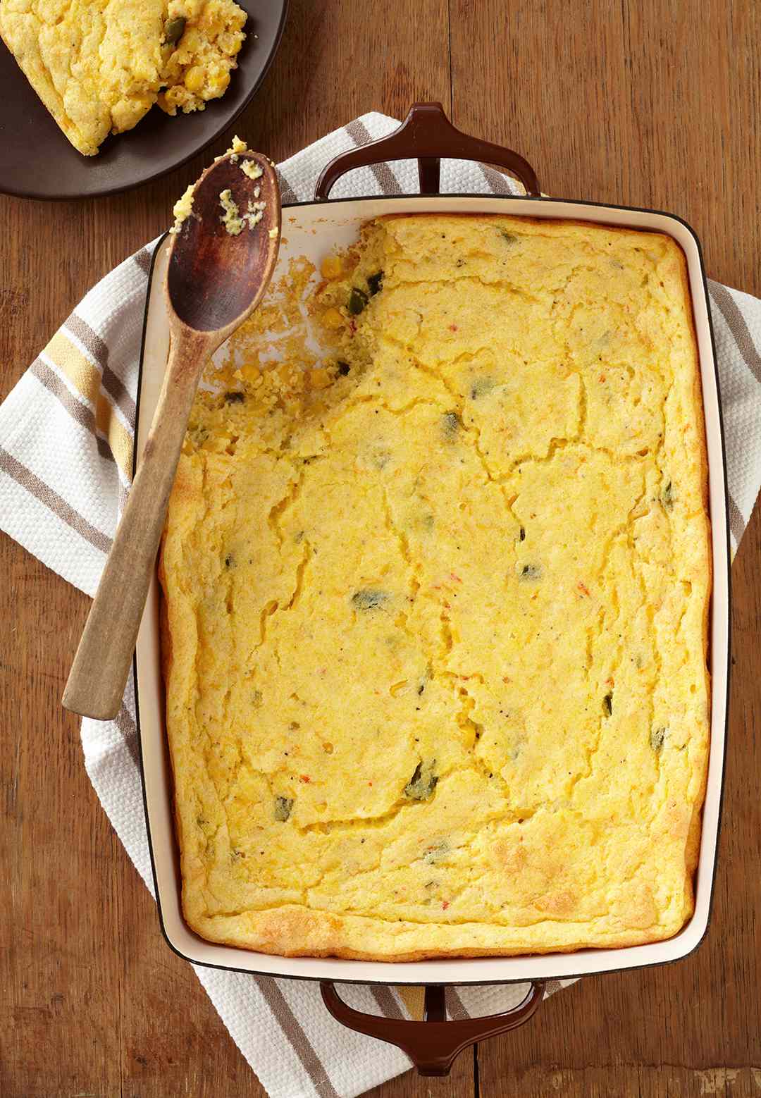 Corn and Poblano Spoon Bread with wood spoon